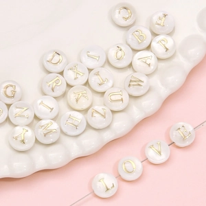 Flat shell beads with gold-lettered A-Z alphabets for DIY necklace and jewelry making