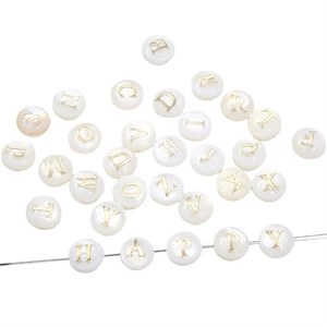 White freshwater shell beads with gold-stamped A-Z letters for DIY jewelry making