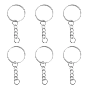 Set of six polished silver iron key rings with chain links for DIY jewelry making