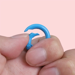 Blue plastic knitting stitch markers showing open-close mechanism for DIY crochet projects