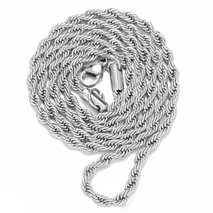 Detailed close-up of a silver-colored twisted rope chain with a lobster clasp closure
