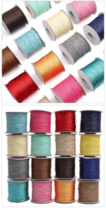 Macro view of colorful 0.5mm waxed cord spools for DIY jewelry making and beading