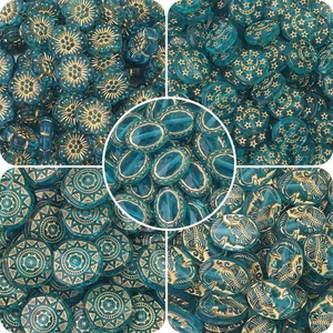 Baroque acrylic beads set with gold vintage patterns in translucent blue and green colors