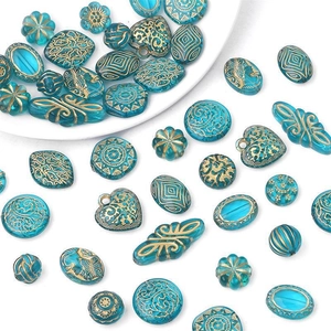 Deep blue acrylic baroque beads with gold patterns in heart and oval shapes for DIY jewelry