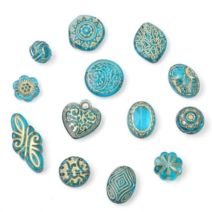 Baroque style turquoise acrylic beads with gold patterns in various vintage shapes