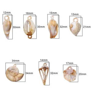 Size chart showing 7 types of natural shell charms for DIY jewelry making and crafts