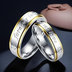 Titanium Steel Couple Rings Forever Love Heart Engraved Gold Silver Two Tone Stainless Steel Band Rings Jewelry Valentine Gift