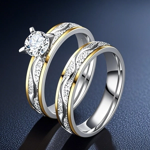 Minimalist Titanium Steel Couple Rings Set Gold Silver Two Tone Wavy Pattern Rhinestone Inlaid Fashion Ring Jewelry For Men Women