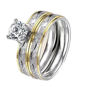 Elegant stainless steel bridal ring set with large crystal and frosted finish