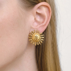 Retro Sun Hammered Stud Earrings And Ring 304 Stainless Steel Gold Plated Waterproof Hypoallergenic Elegant Jewelry For Women