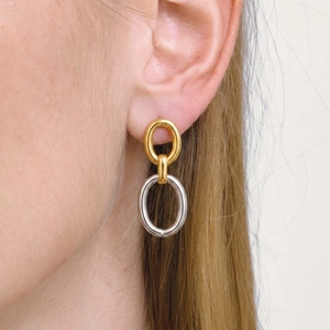 Mixed Metal Tone Geometric Oval Link Earrings With 304 Stainless Steel Earring Post Minimalist Aesthetic Women Jewelry