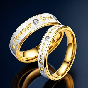 Bagues de Couple en Acier Inoxydable Gravure Forever Love Bicolore Anneau Strass Bijoux en Acier au Titane pour Amoureux Mariage Rendez-vous