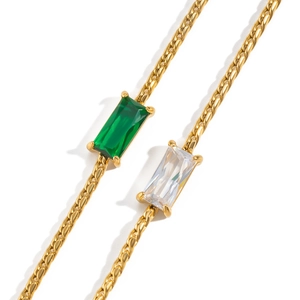 Elegant gold-plated square zircon necklaces set with emerald green and clear white crystals