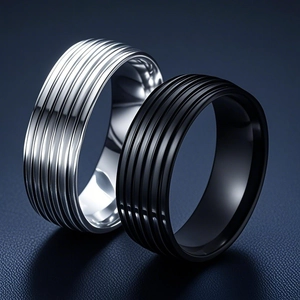 Titanstahl Bandring Für Herren Minimalistischer Industriestil Parallele Rillen Poliert Silber Schwarz Fingerring Modeschmuck