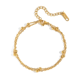 Minimalist double-layer stainless steel bead bracelet in golden finish with lobster clasp