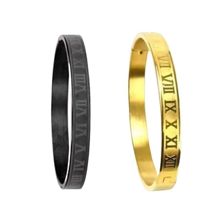 Pair of titanium steel bangles with Roman numerals in elegant gold and black finishes.