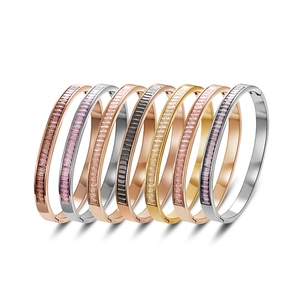 Detailed view of multi-color stainless steel bangles with baguette crystal settings.