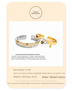 Detailed S925 sterling silver couple rings with bee design and size specifications