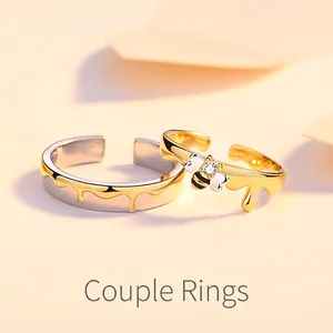 925 Sterling Silver Bee Honey Couple Rings Adjustable Open Ring Zirconia Inlaid Natural Sweet Style Jewelry For Lovers Gift