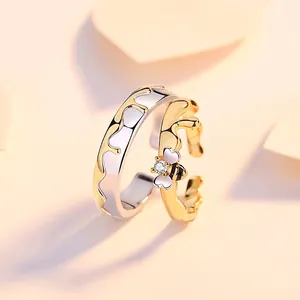 Romantic bee and honey themed silver couple rings with adjustable open band design