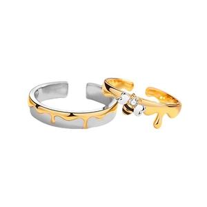 S925 sterling silver honey and bee couple rings with gold drip and diamond accents