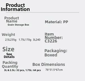 Specifications of food-grade PP storage containers in 1.75L, 2.5L and 3L sizes