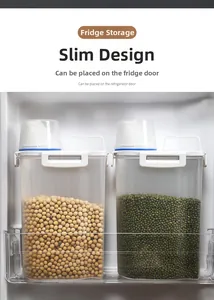 Slim food storage containers for fridge doors with measuring cups and blue seals
