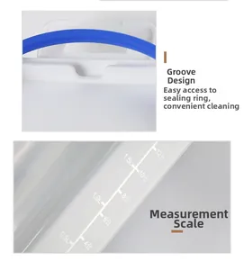 Detail of cereal storage container showing blue seal ring and clear volume scale