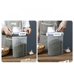 Macro shot of airtight cereal storage container with measurement cup and handle lid
