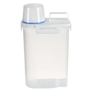 Food-grade airtight cereal storage container with measurement cup lid and side buckles