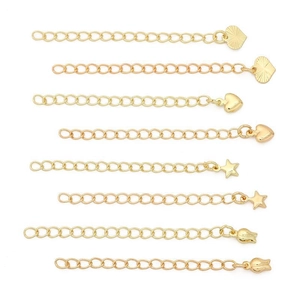 Detail showing various 14K gold plated extension chains with heart and flower pendants