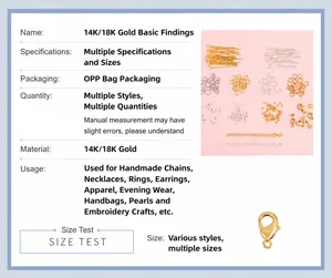 Detailed size chart for 14k gold plated lobster clasps and extension chains for DIY jewelry