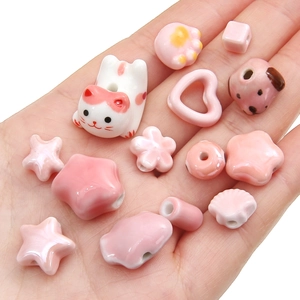 Pink Ceramic Beads DIY Jewelry Making Accessories Cute Cat Heart Star Flower Shape Glazed Porcelain Spacer Loose Beads