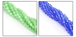 Detail of 4mm faceted glass crystal beads in mint green and deep blue for DIY jewelry