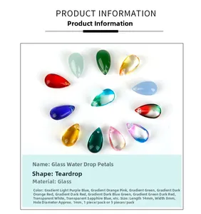 Detailed view of teardrop Czech glass beads showing 14x8mm size and gradient colors