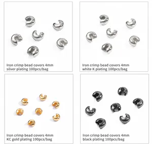 Detailoverzicht van 4mm knijpkraal verbergers in zilver, wit K, KC-goud en zwart metaal