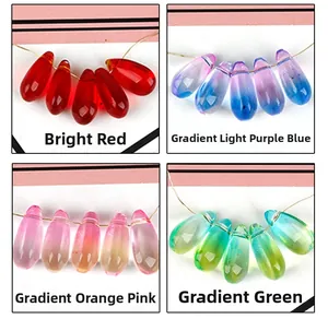 Detail of 8x14mm teardrop Czech glass beads in red, purple, orange, and green colors