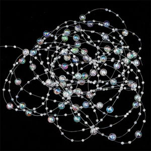 Detailed macro view of acrylic iridescent beads with AB coating on clear fishing line