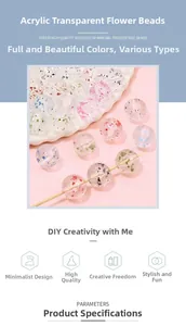 Macro detail of acrylic transparent round beads with embedded flower petals for DIY jewelry