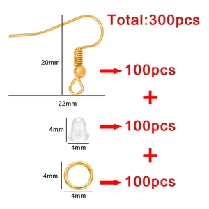 Kit de 300 piezas DIY para pendientes con ganchos dorados, anillos y cierres de silicona
