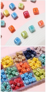 Detailed view of colorful square ceramic beads stored in a grid box for DIY jewelry making