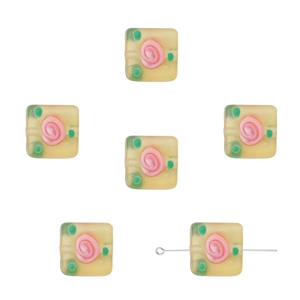 Square matte purple frosted glass beads with hand-painted pink rose floral patterns