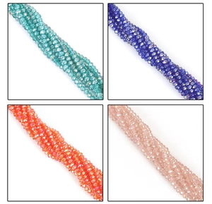 Macro shot of 2mm faceted crystal wheel beads in teal, deep blue, orange and champagne