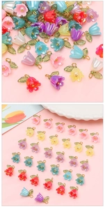 Detailed view of colorful acrylic lily of the valley flower beads for DIY jewelry making