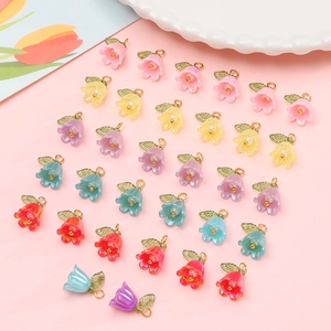 Lily Of The Valley Flower Charms Acrylic Artificial Pearl Luster With Alloy Leaf And Loop For DIY Jewelry Making Colorful Pendants