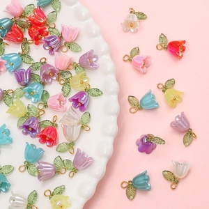 Colorful acrylic lily of the valley flower beads with green leaves for DIY jewelry making