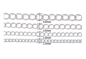 Macro shot of silver metal chains for DIY jewelry in 2.5mm to 4.8mm width sizes