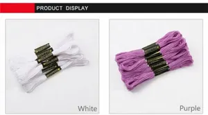 Macro detail of white and purple embroidery floss with brand labels for DIY sewing crafts