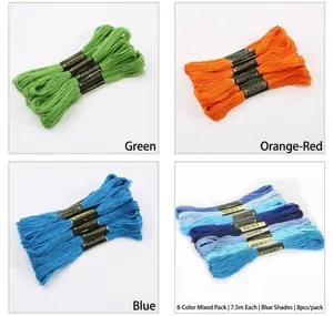 Detail showing 8-pack assorted embroidery cotton floss in blue, green, and orange shades