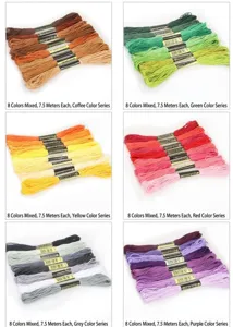 Macro detail of 7.5m silk embroidery thread sets in six vibrant multi-color packs
